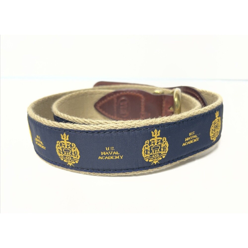 USNA Naval Academy YRI Seal Logo Belt Sz 34/85 Navy Blue Ribbon Canvas Leather
